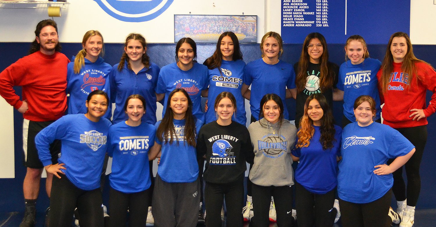 The inaugural girls wrestling team with their coaches Dillon Christensen (top left) and Rachel Watters (top right).